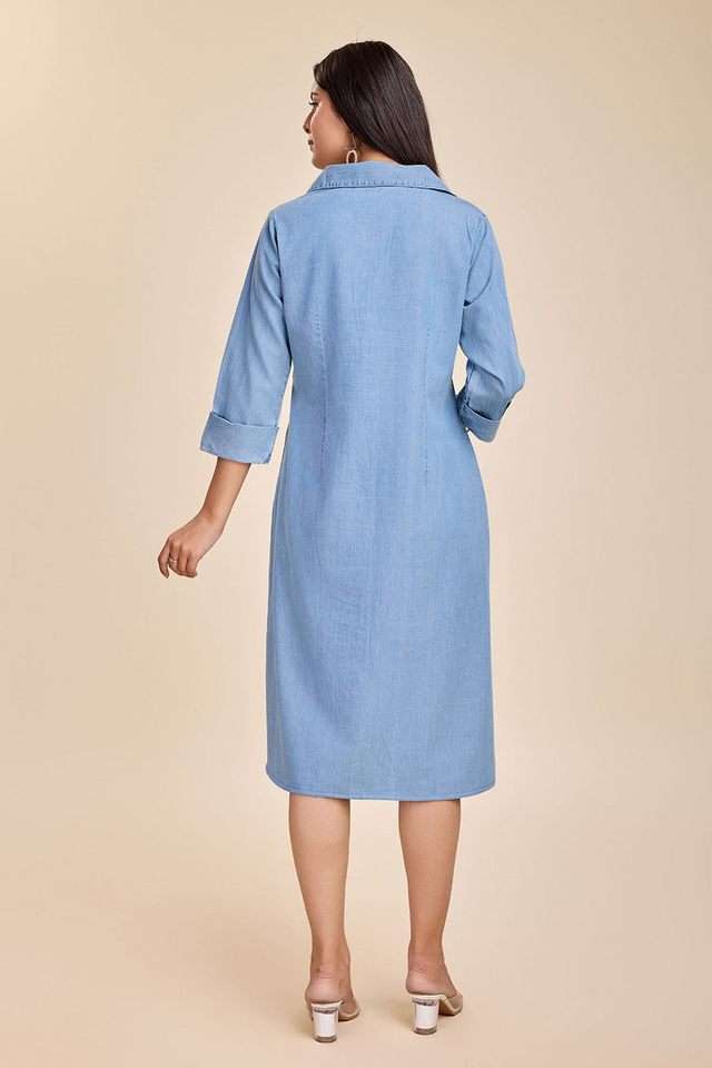 Buy Komarri blue Solid Denim Collared Women's Midi Dress