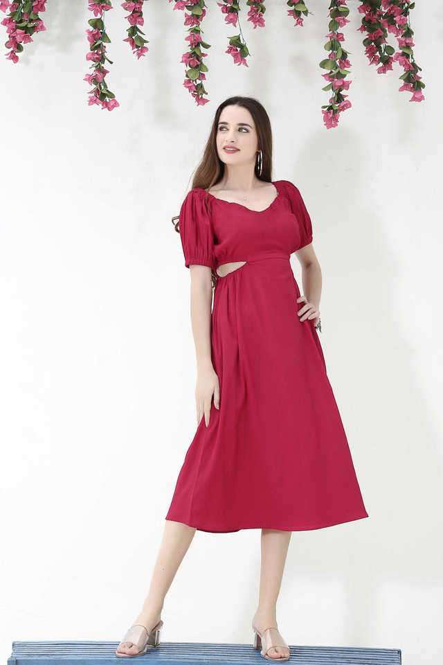 sera Solid V-Neck Polyester Women Dress-picture-21
