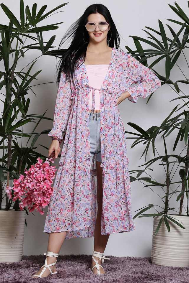 Buy Sera White Floral V-Neck Polyester Women's Casual Wear Shrug