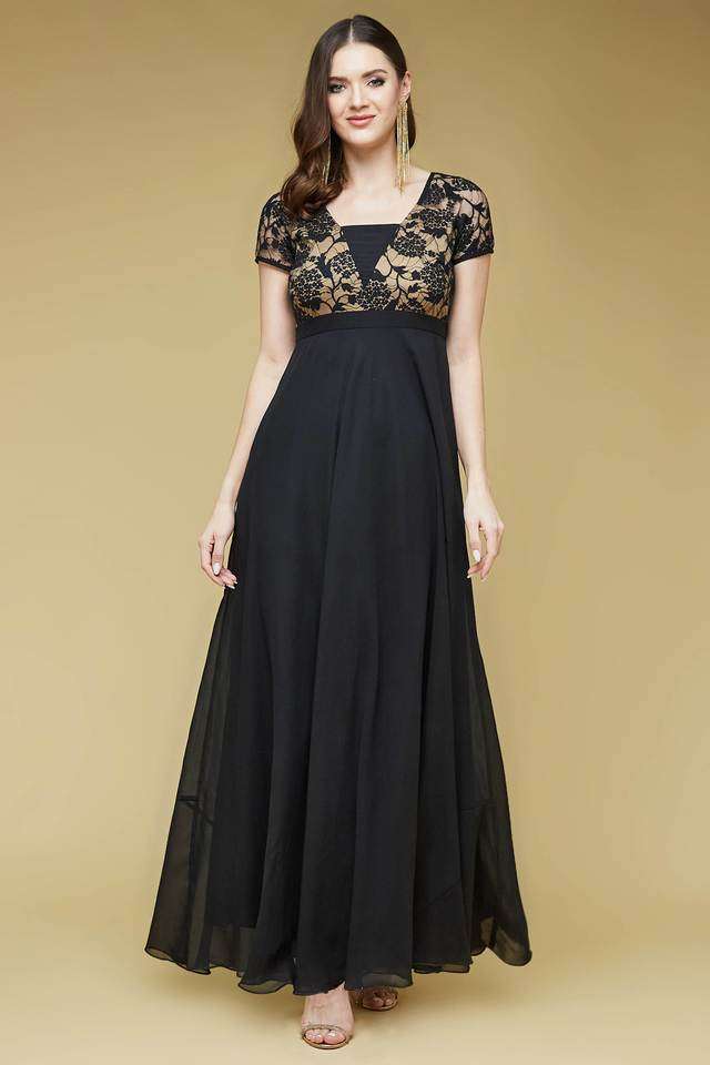 Buy Life With Pockets Black Textured Georgette Square Neck Women's