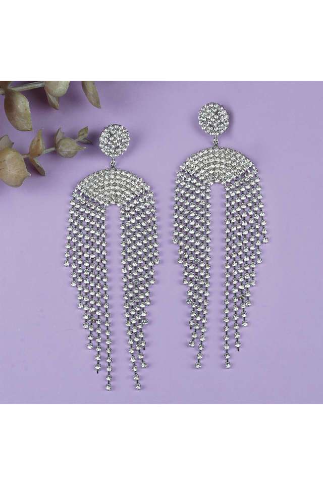 Silver-Designer-Long-Earings-With-Cz-Stone-Chains-Chandeliers