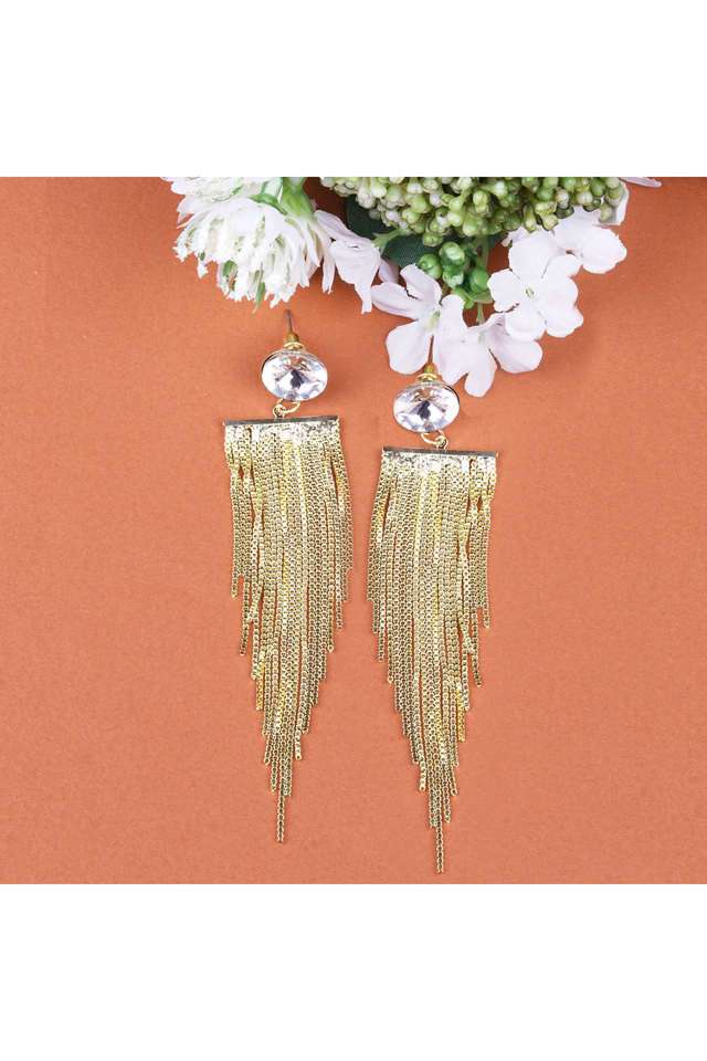 Gold-Long-Designer-Earings-Round-Cz-Stone-Stud-With-Chain-Danglers