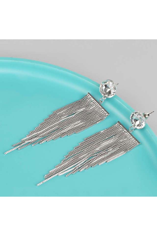 Silver-Long-Designer-Earings-Round-Cz-Stone-Stud-With-Chain-Danglers