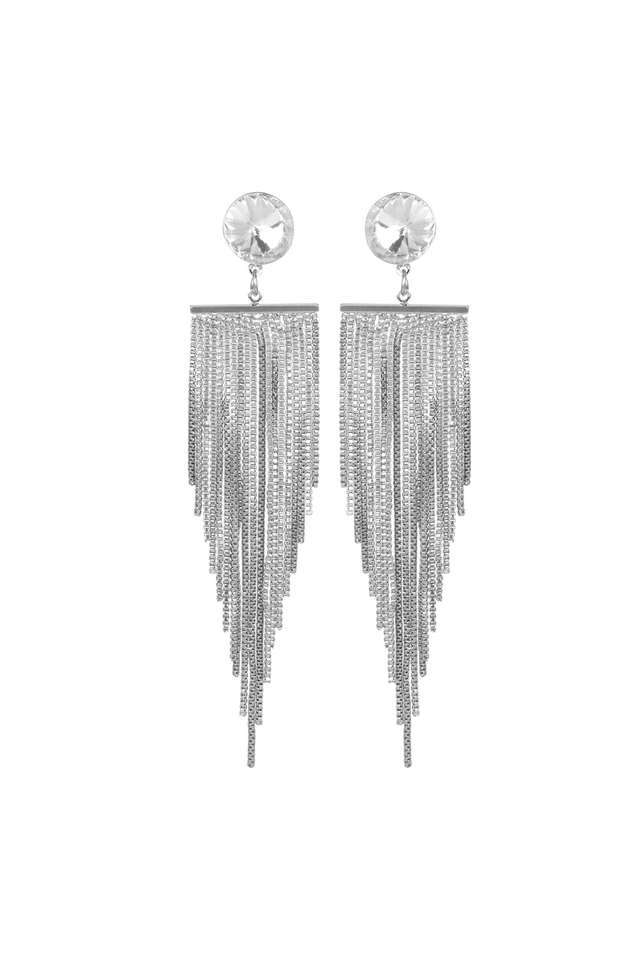 Silver-Long-Designer-Earings-Round-Cz-Stone-Stud-With-Chain-Danglers