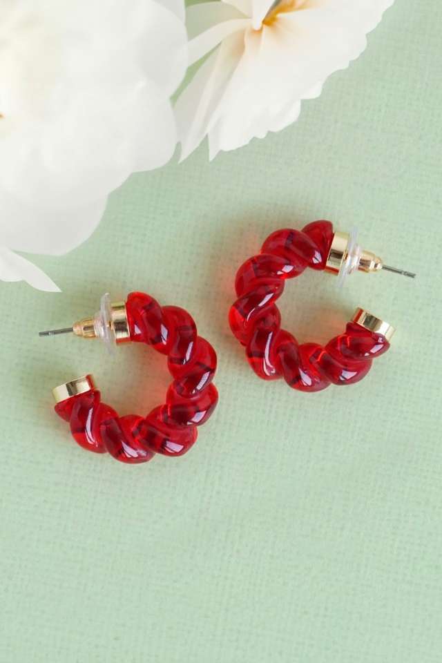 Gold-Toned-Twisted-Red-Semi-Hoop-Earrings