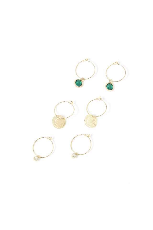 Women-s-Gold-Set-Of-3-Filigree-&-Stone-Hoop-Earring-Pack