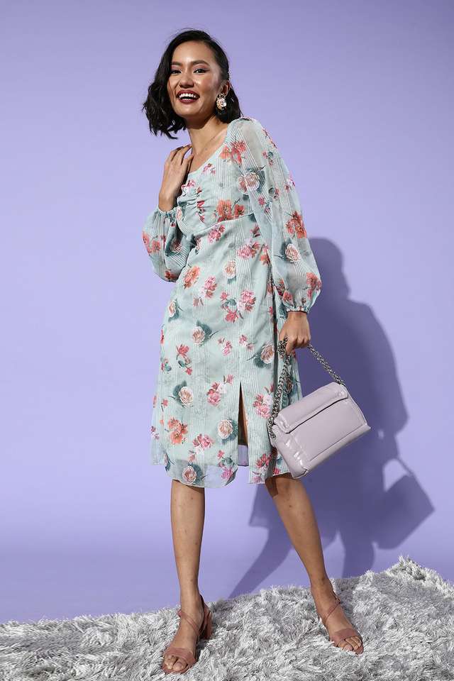Floral Sweetheart Neck Georgette Women Dress-image-43