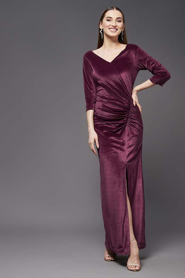 Solid Velvet V Neck Women's Knee Length Dress-image-15