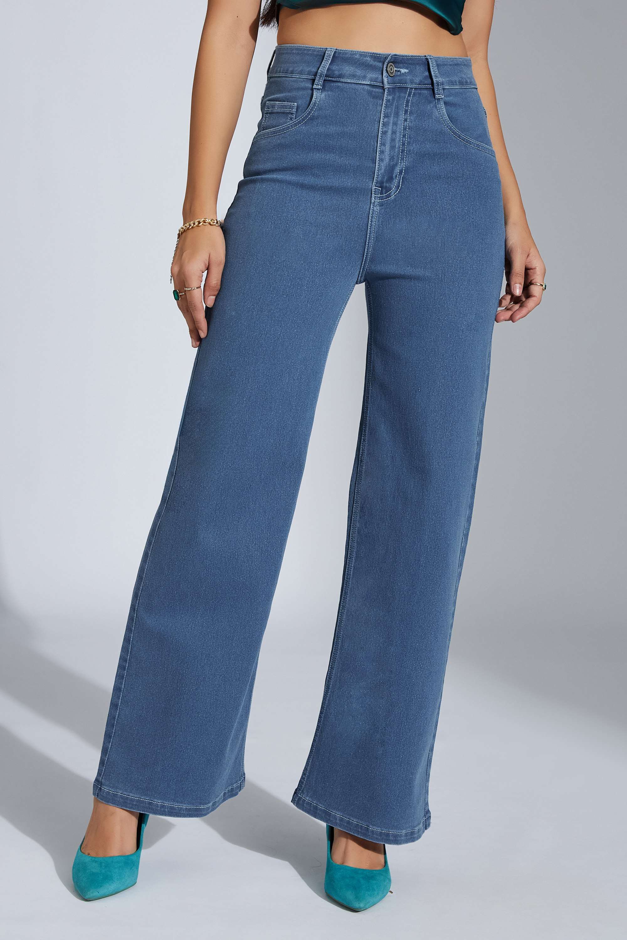 Miss Chase Women's Blue Wide-Leg High-Rise Mildly Distressed Regular-Length Stretchable Denim Jeans-picture-21
