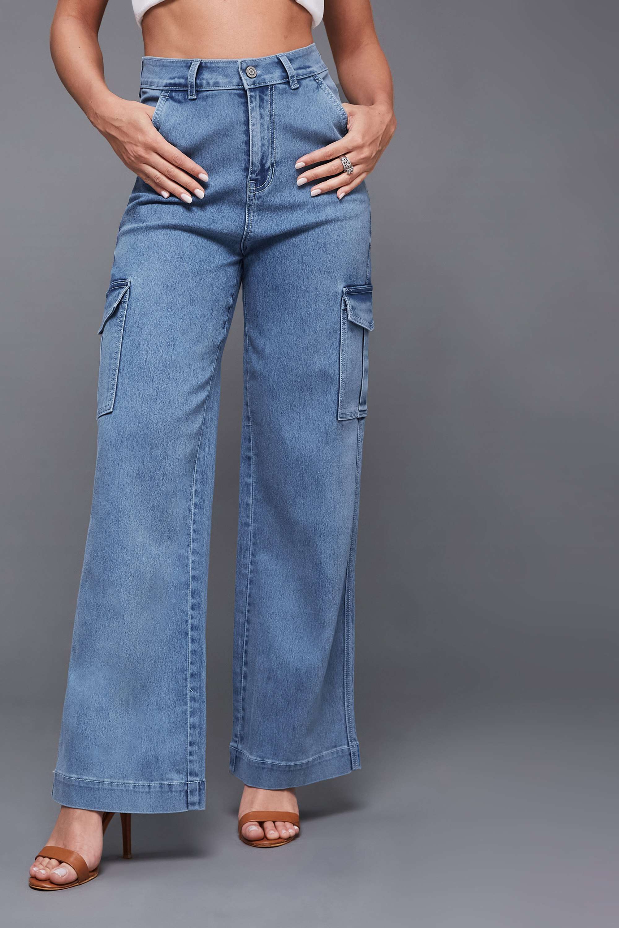 Miss Chase Women's Light Blue Wide-Leg High-Rise Clean-Look Regular-Length Stretchable Flared Cargo Style Denim Jeans-picture-20