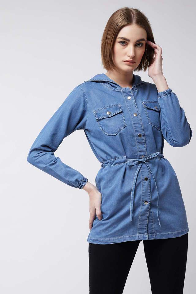 miss chase Solid Hooded Denim Women Casual Wear Jacket-picture-10