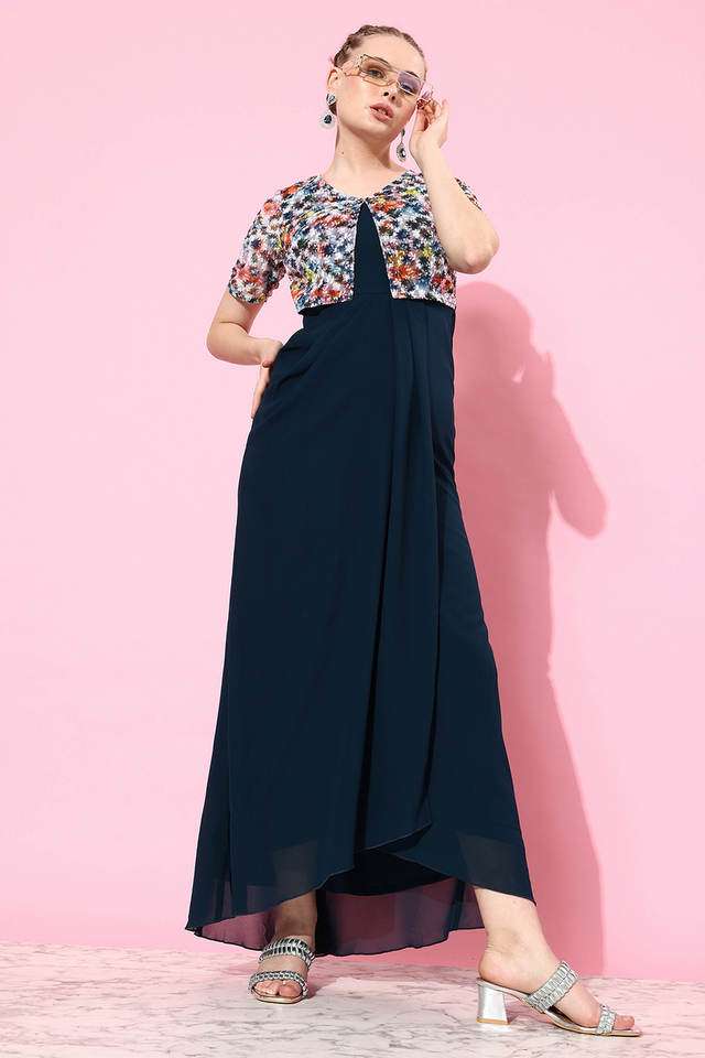 miss chase Women's V-Neck Embroidered Layered Maxi Georgette Dress-picture-35