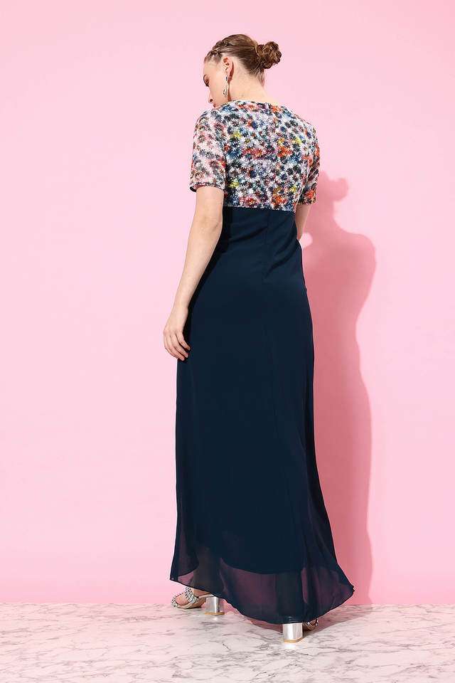 Buy Miss Chase Multi Women's V-Neck Embroidered Layered Maxi Georgette Dress  | Shoppers Stop