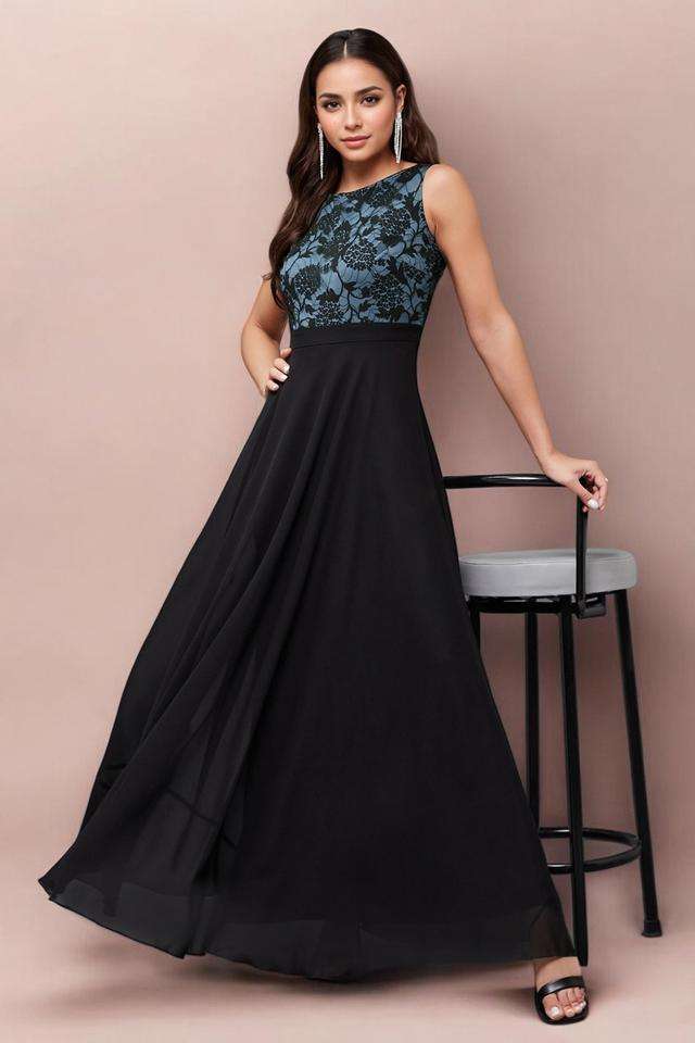 Floral Boat Neck Georgette Women Dress-image-26