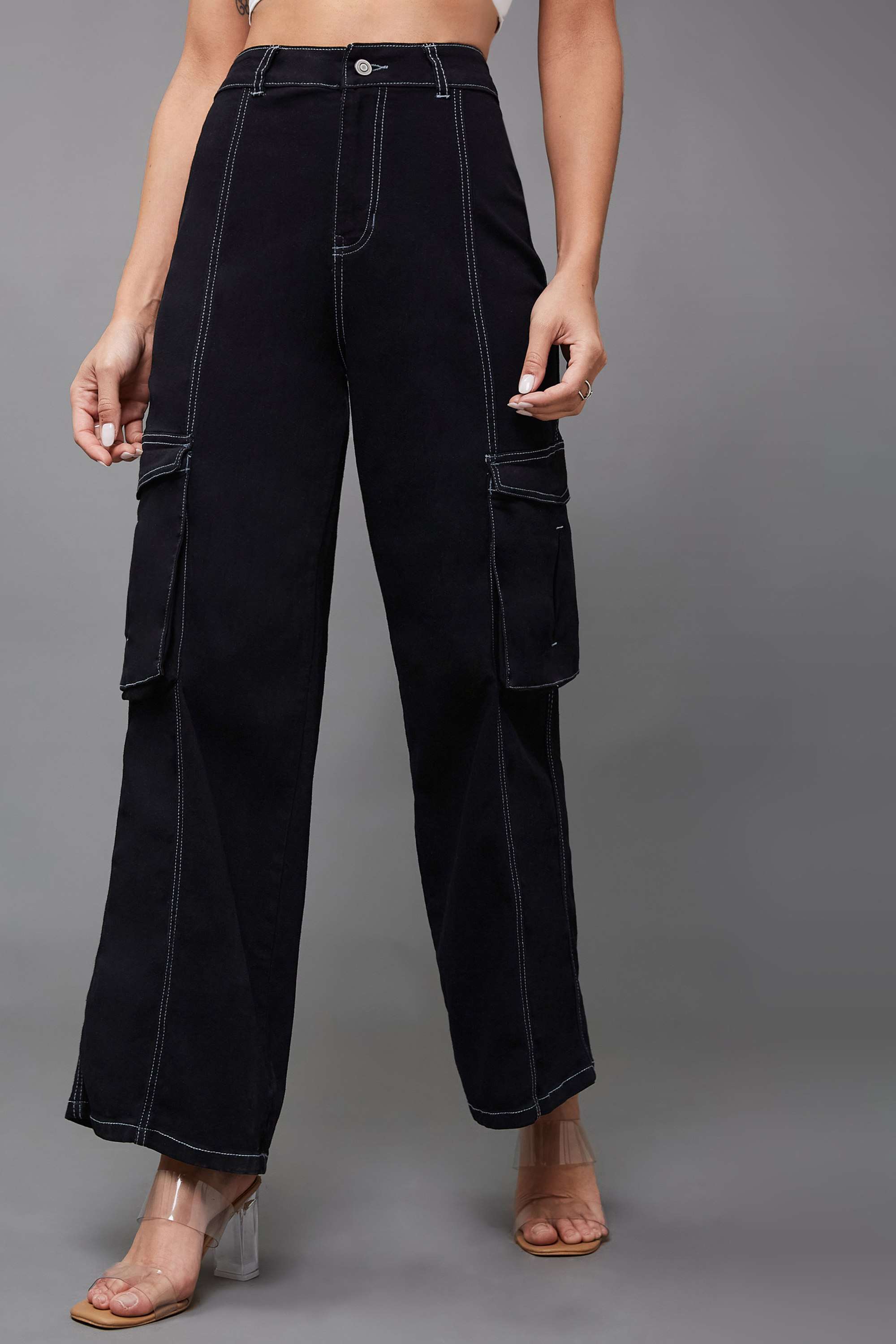 Miss Chase Women's Black Wide-Leg High-Rise Clean-Look Regular-Length Stretchable Patch-Pocketed Denim Jeans-picture-17