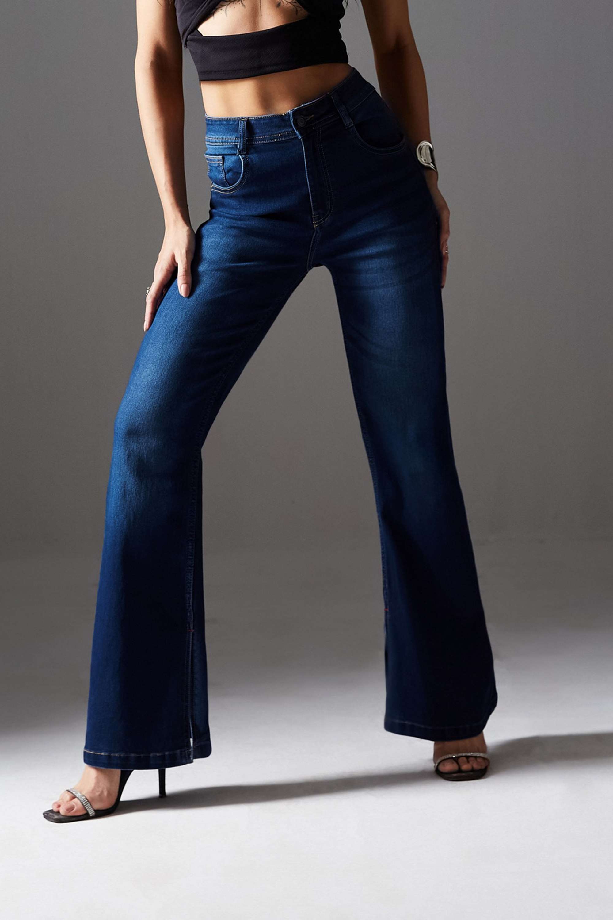 Miss Chase Women's Blue Bootcut Mid Rise Regular Length Denim Stretchable Jeans-image-11