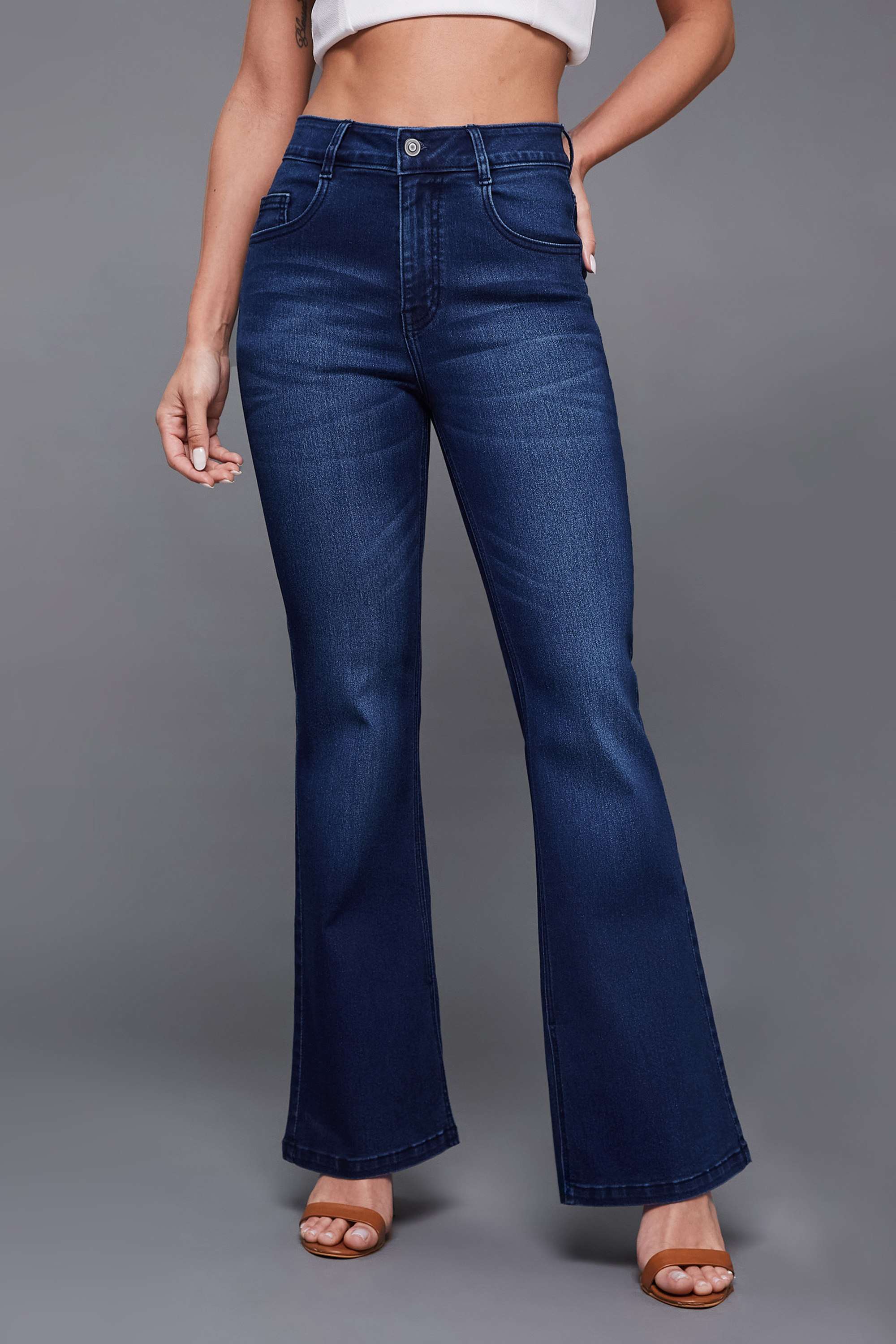 Miss Chase Women's Navy Blue High-Rise Clean-Look Regular-Length Stretchable Flared Denim Jeans-picture-11
