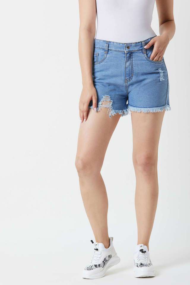 Solid Denim Relaxed Fit Women's Shorts-image-8