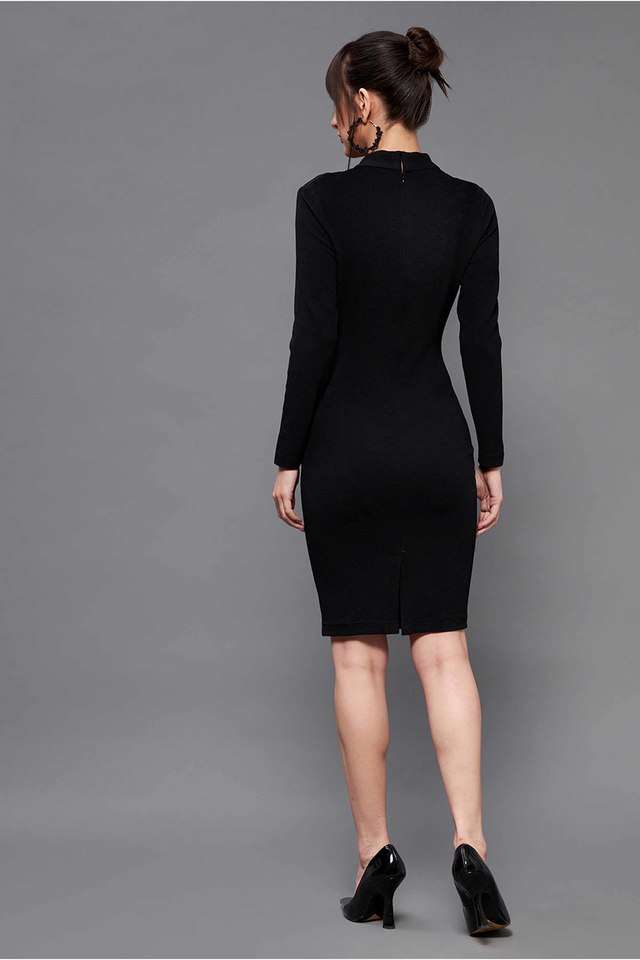 Solid-Polyester-Collar-Neck-Womens-Knee-Length-Dress
