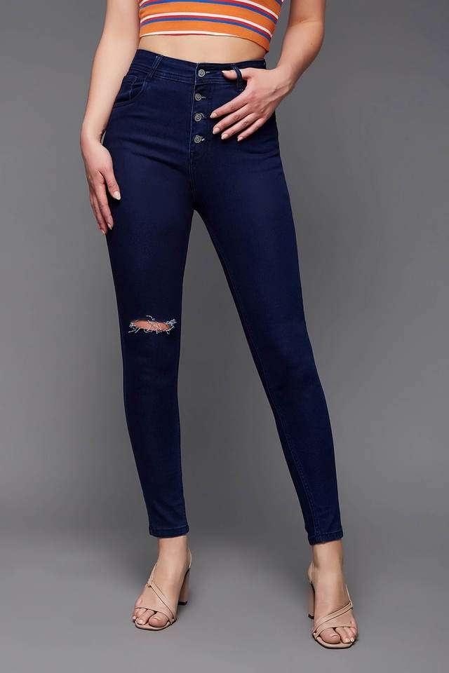 Women's Skinny High Rise Knee Slit Clean Look Regular Length Denim Jeans-image-25
