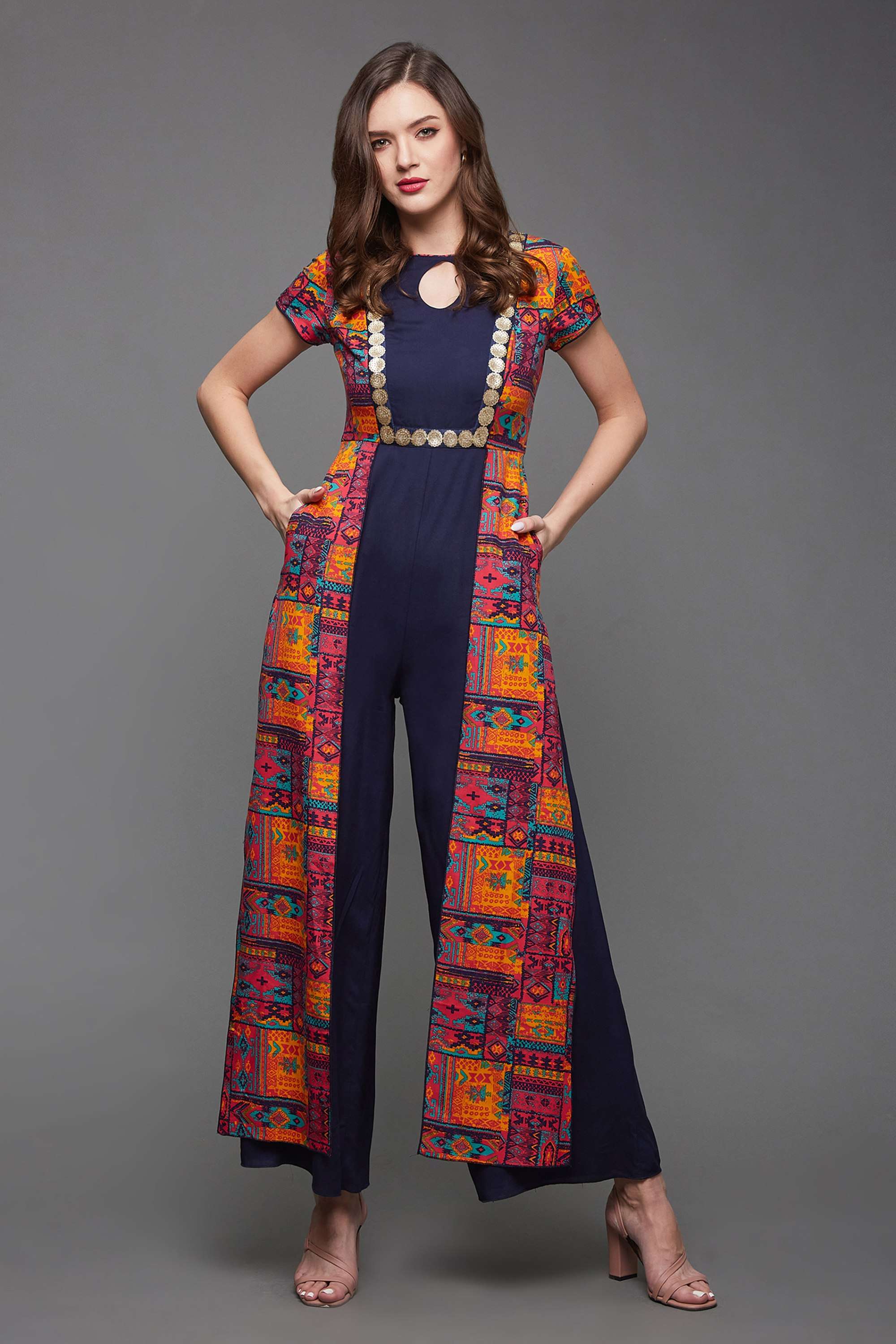 Miss Chase Women's Multicolored-Base-Navy Blue Keyhole-Neck Regular Sleeve Bohemian Panelled Viscose-Rayon Regular-Length Jumpsuit-picture-21