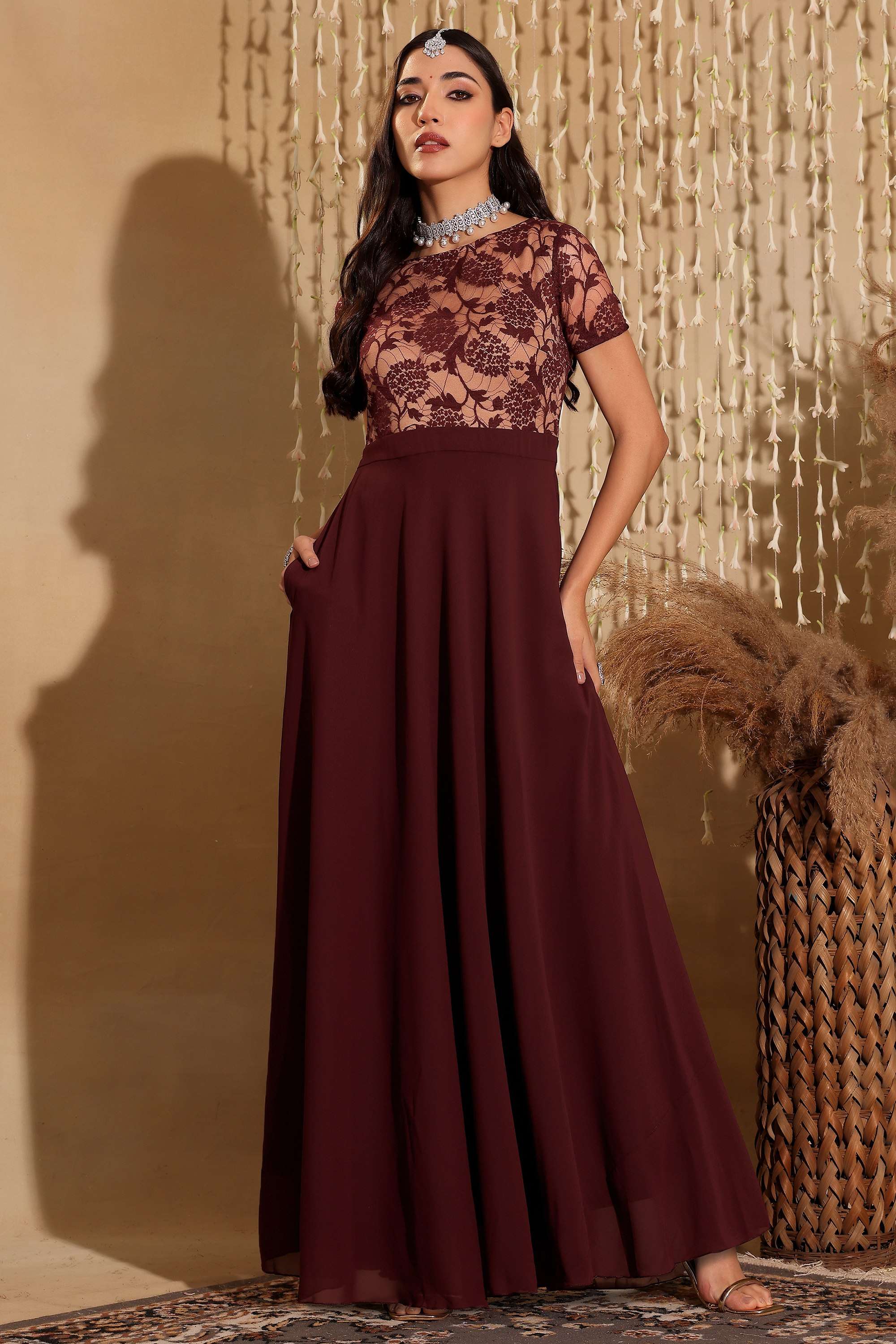 Printed Boat Neck Georgette Women Dress-image-24