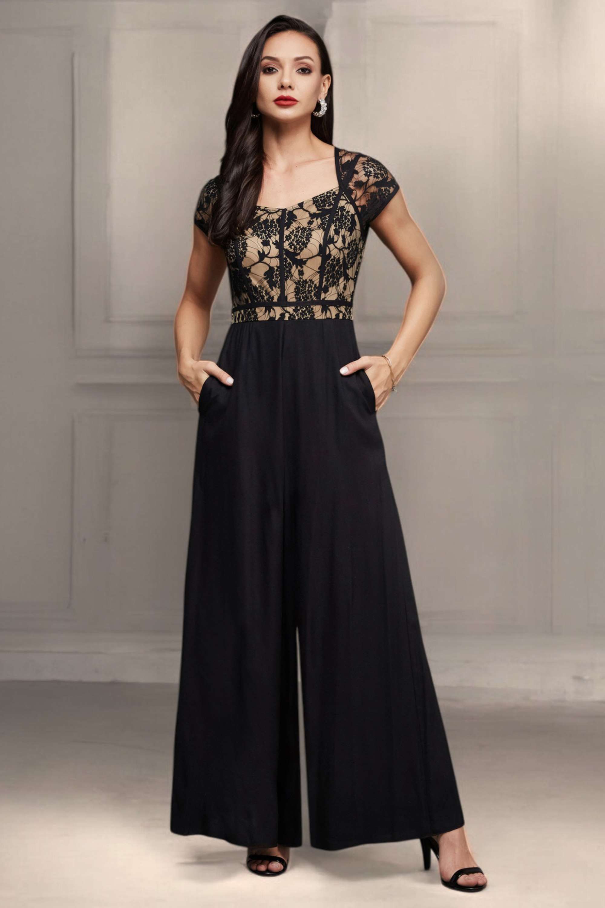 Miss Chase Women's Black Sweetheart Neck Raglan Sleeve Floral Lace Overlaid Viscose-Rayon Regular Length Jumpsuit-picture-25