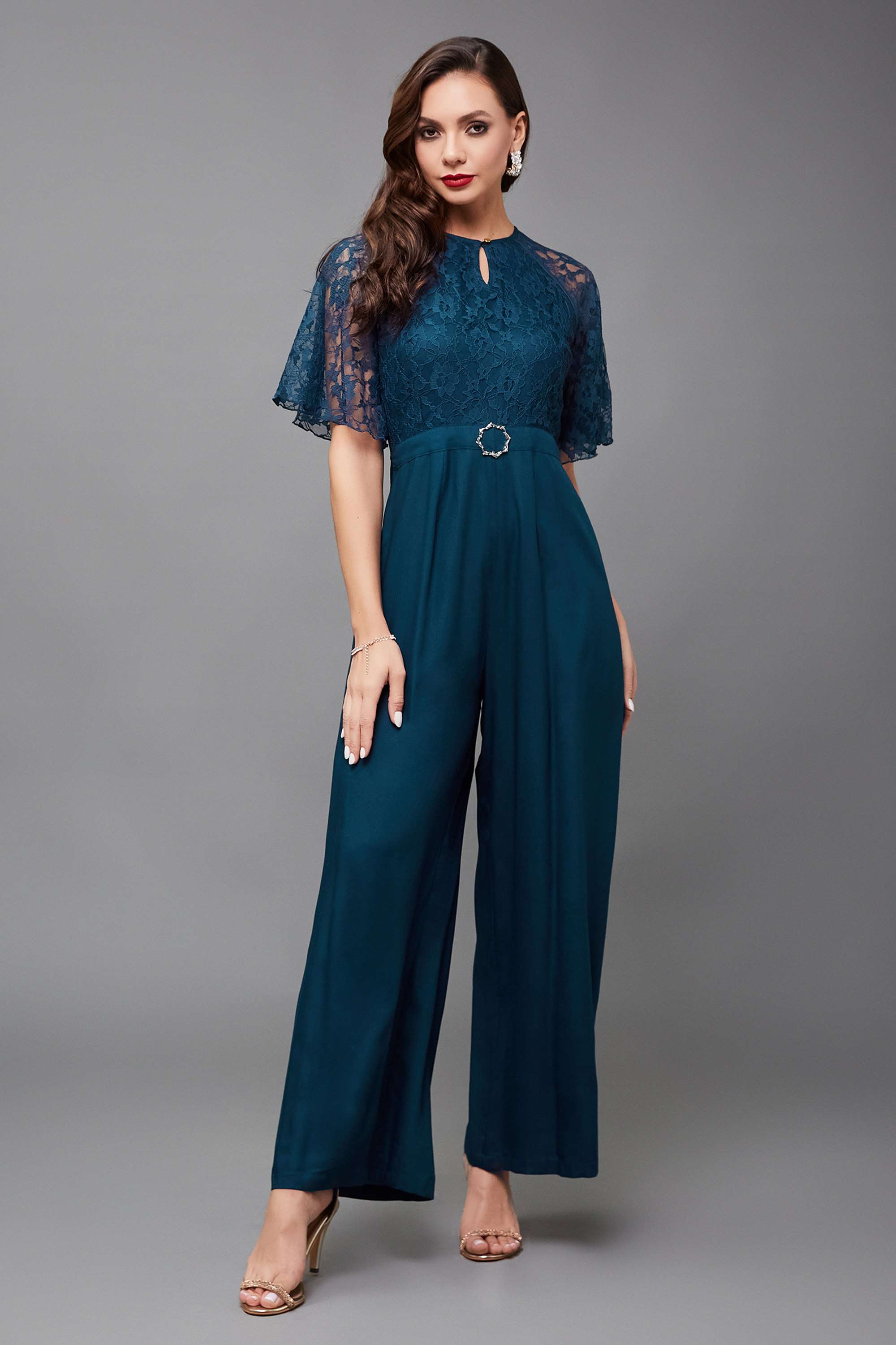 Miss Chase Women's Teal Round Neck Flared Sleeve Floral Raglan Regular Jumpsuit-picture-20