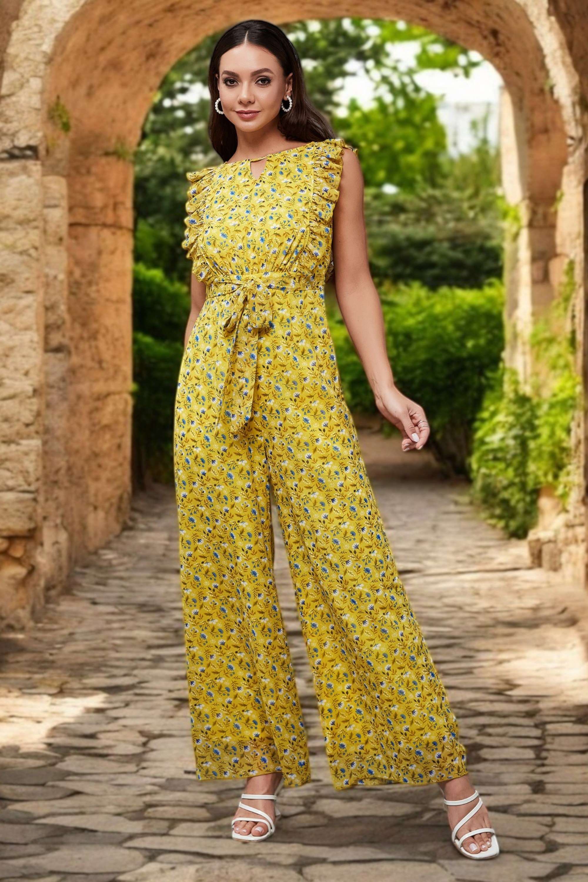 Miss Chase Women's Multicolored-Base-Yellow Round neck Sleeveless Floral Wide Leg Regular Jumpsuit-picture-17