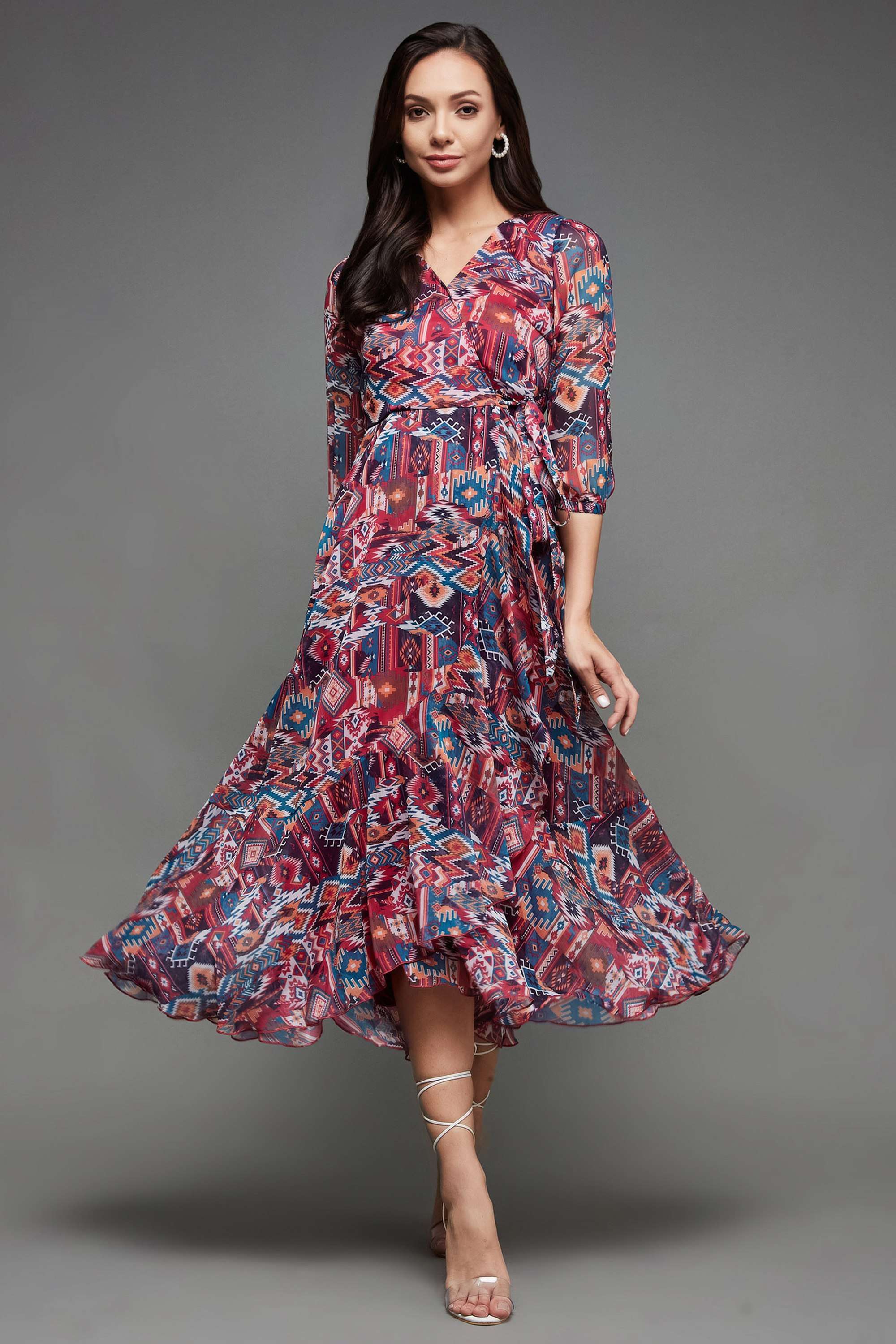 miss chase Geometric Print V-Neck Chiffon Women Dress-picture-37