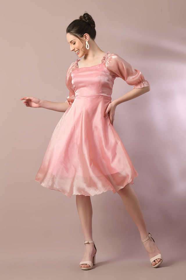 Buy Myshka Pink Solid Square Neck Organza Women Dress | Shoppers Stop