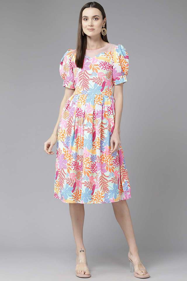 Printed Round Neck Polyester Women Dress-image-41