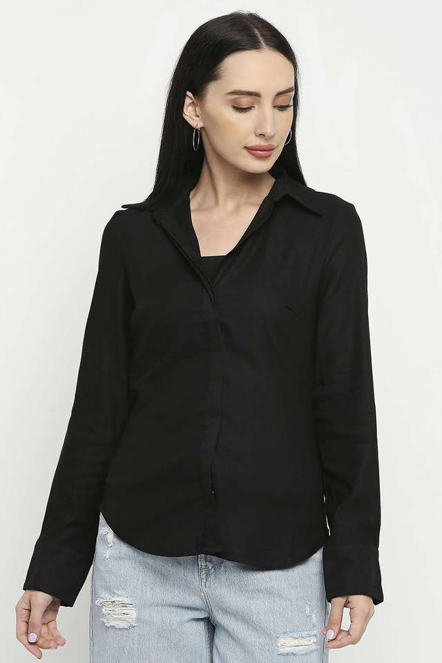 Solid Collared Cotton Women Casual Wear Shirt-image-49