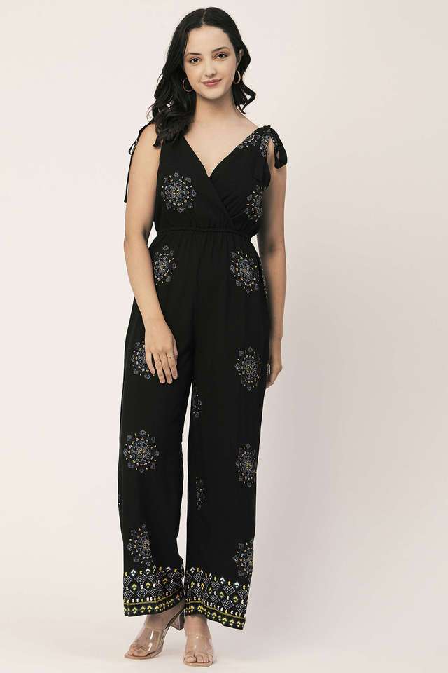 Printed Jumpsuit For Women Sleeveless Tie-Up V-Neck Loose Romper