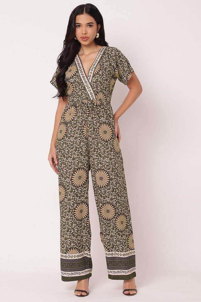 Buy Moomaya green Floral V-Neck Rayon Women Casual Wear Jumpsuit