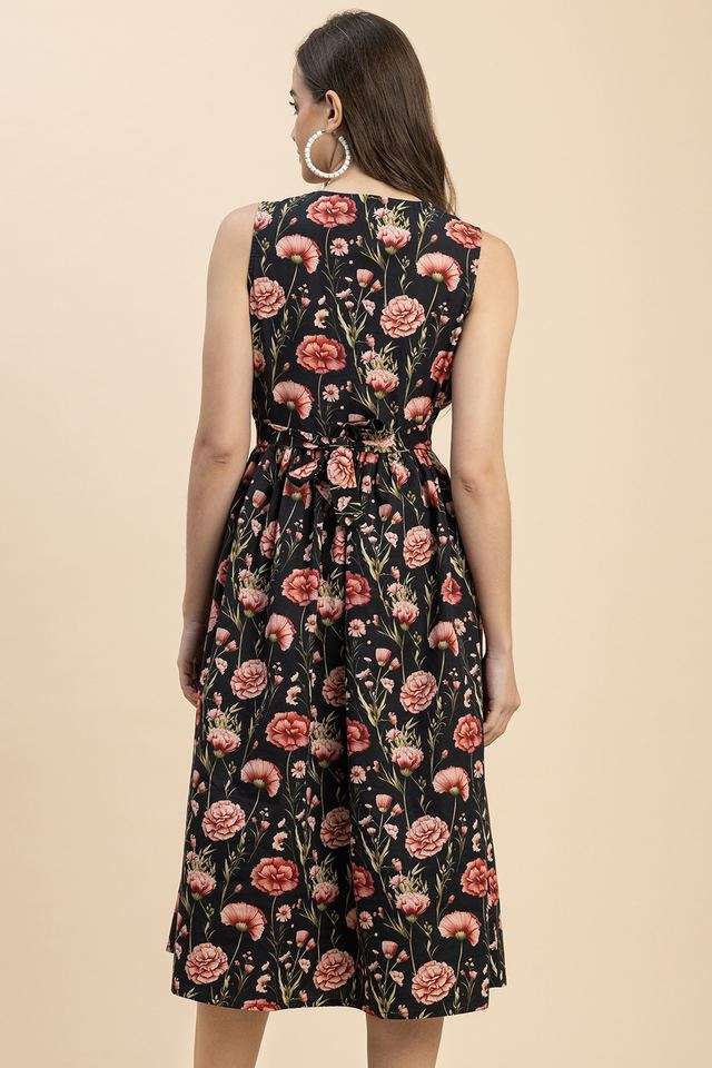 Buy Moomaya Black_Mix Floral Sweetheart Neck Cotton Women's Knee