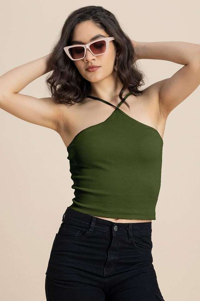 Buy Moomaya Olive Solid Cotton Halter Neck Women Top | Shoppers Stop