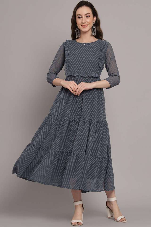 slim fit dress slacks Grey Abstract Print Layered A-Line Maxi Ethnic Dress
