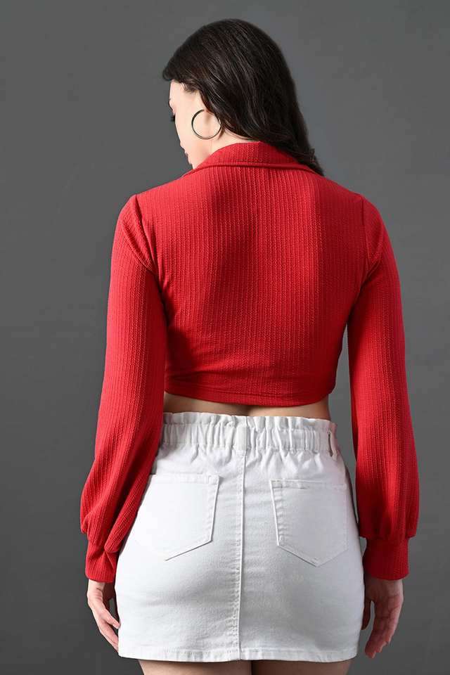 Solid-Polyester-Collared-Women-s-Top