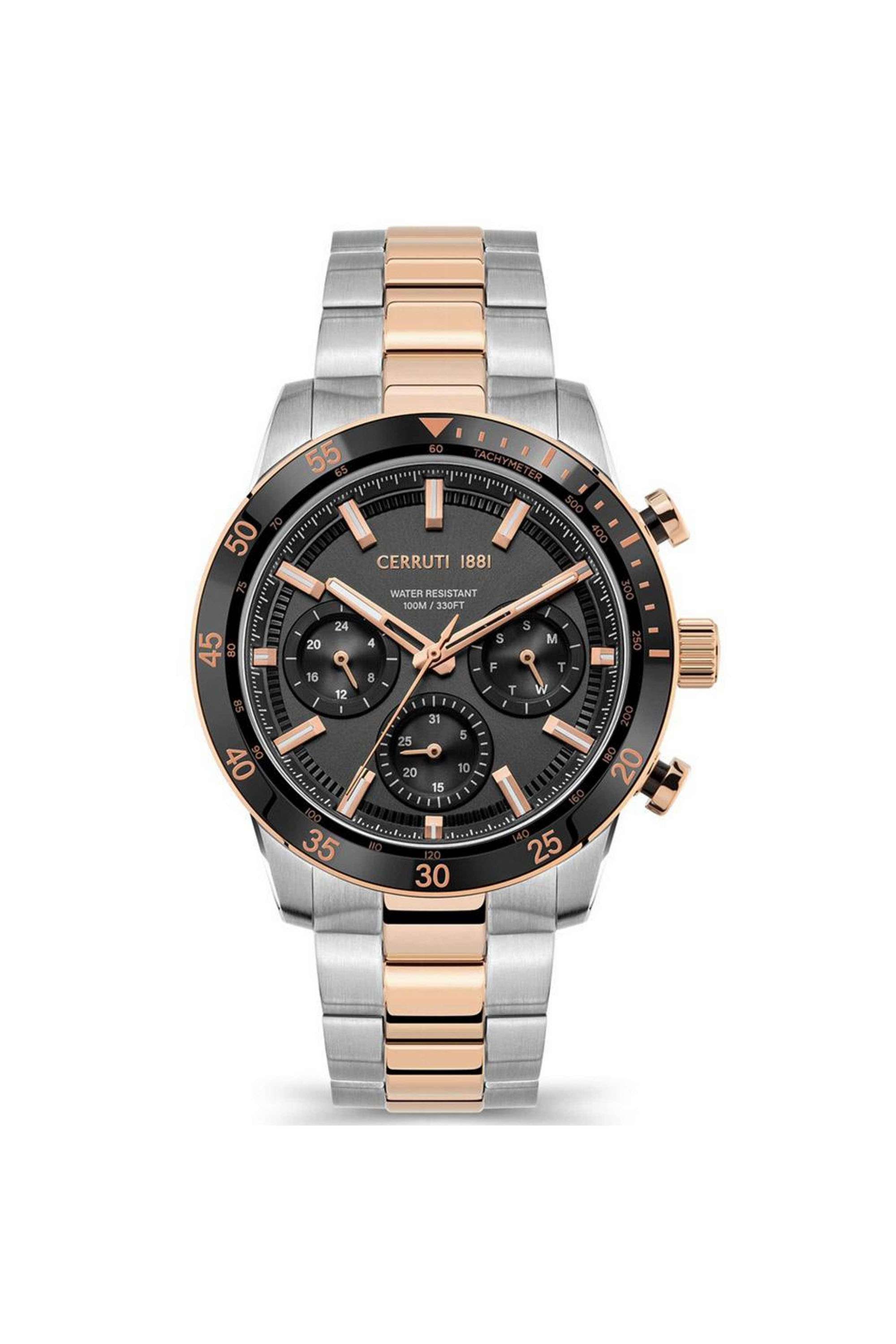 Turchino-44-mm-Quartz-Analogue-Watch-for-Men---Black-Dial-with-Silver-Stainless-Steel-Strap-(NTCECIGK2116602)