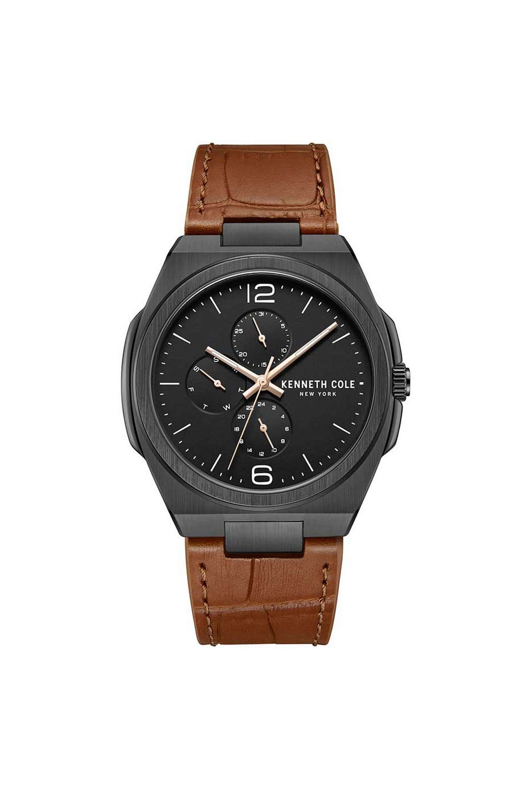Modern-Dress-Sport-44-mm-Quartz-Analogue-Watch-for-Men---Black-Dial-with-Brown-Leather-Strap-(KCWGF0016201MN)