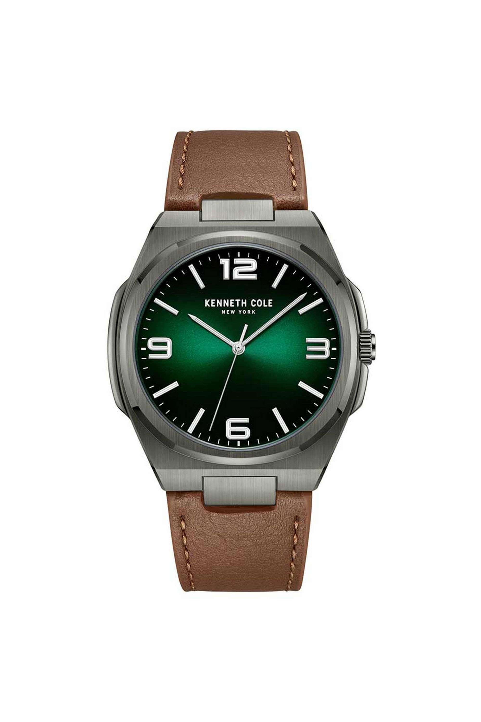 Modern-Classic-44-mm-Quartz-Analogue-Watch-for-Men---Green-Dial-with-Brown-Leather-Strap-(KCWGA0015202MN)