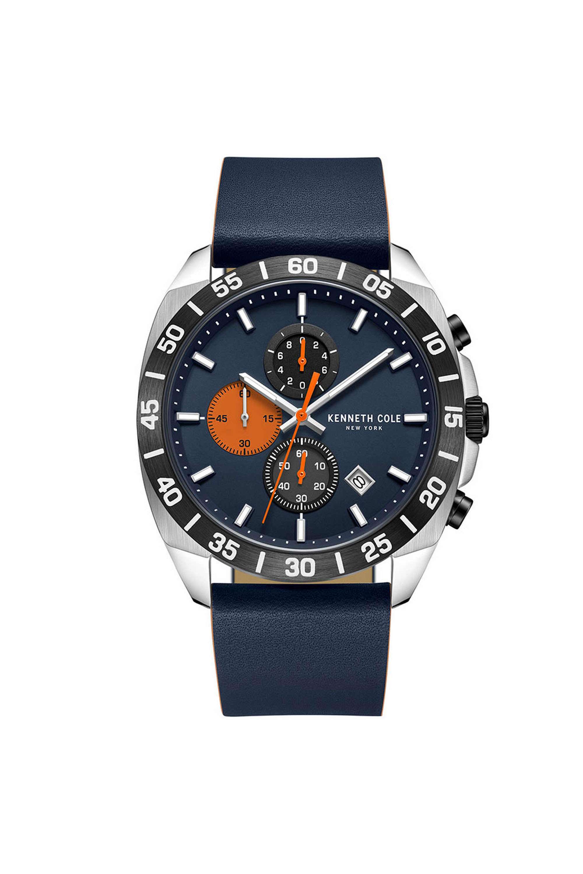 Modern-Dress-Sport-44-mm-Quartz-Chronograph-Watch-for-Men---Blue-Dial-with-Blue-Leather-Strap-(KCWGC0016101MN)