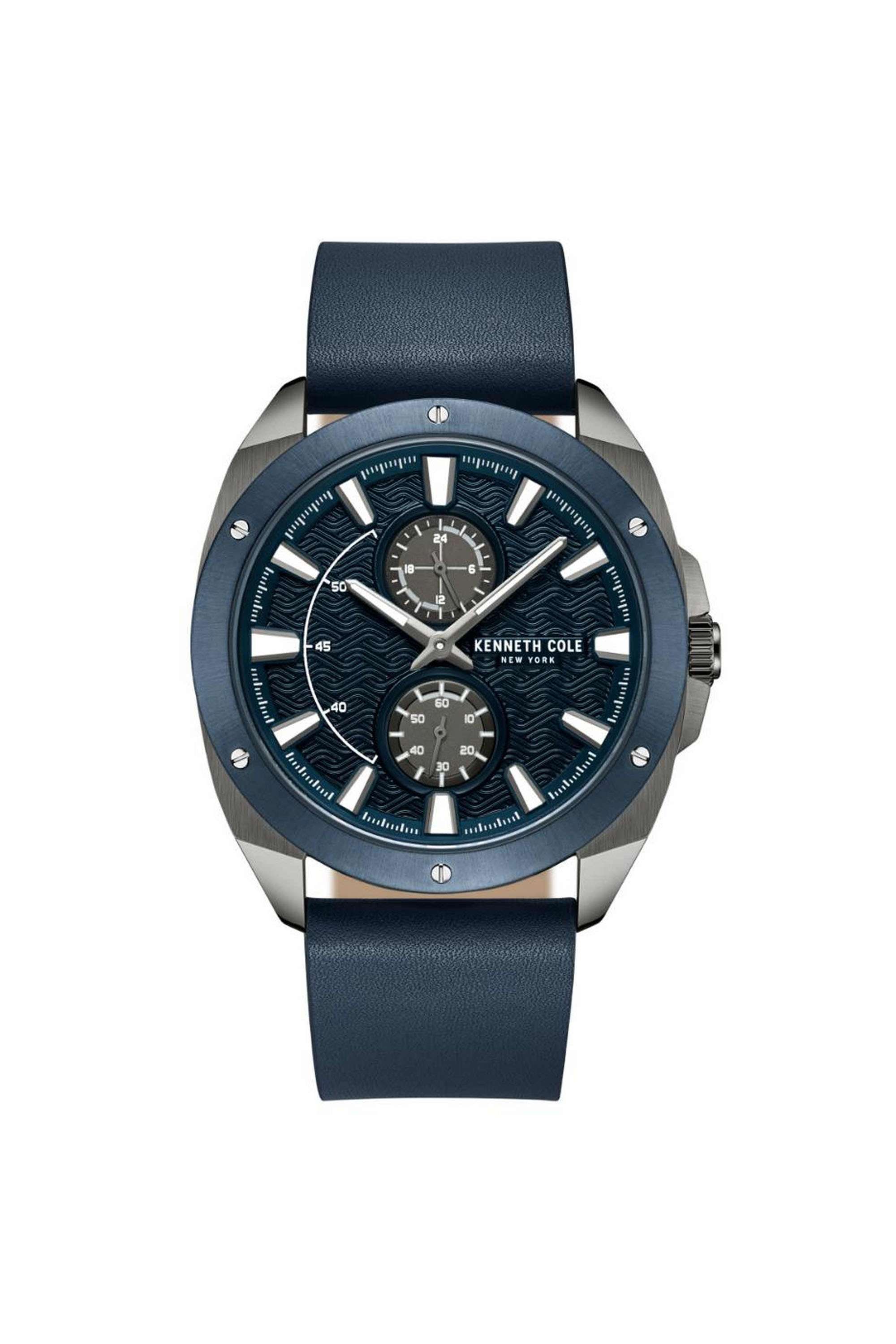 New-York-44-mm-Quartz-Analogue-Watch-for-Men---Blue-Dial-with-Blue-Leather-Strap-(KCWGF0035601MN-)