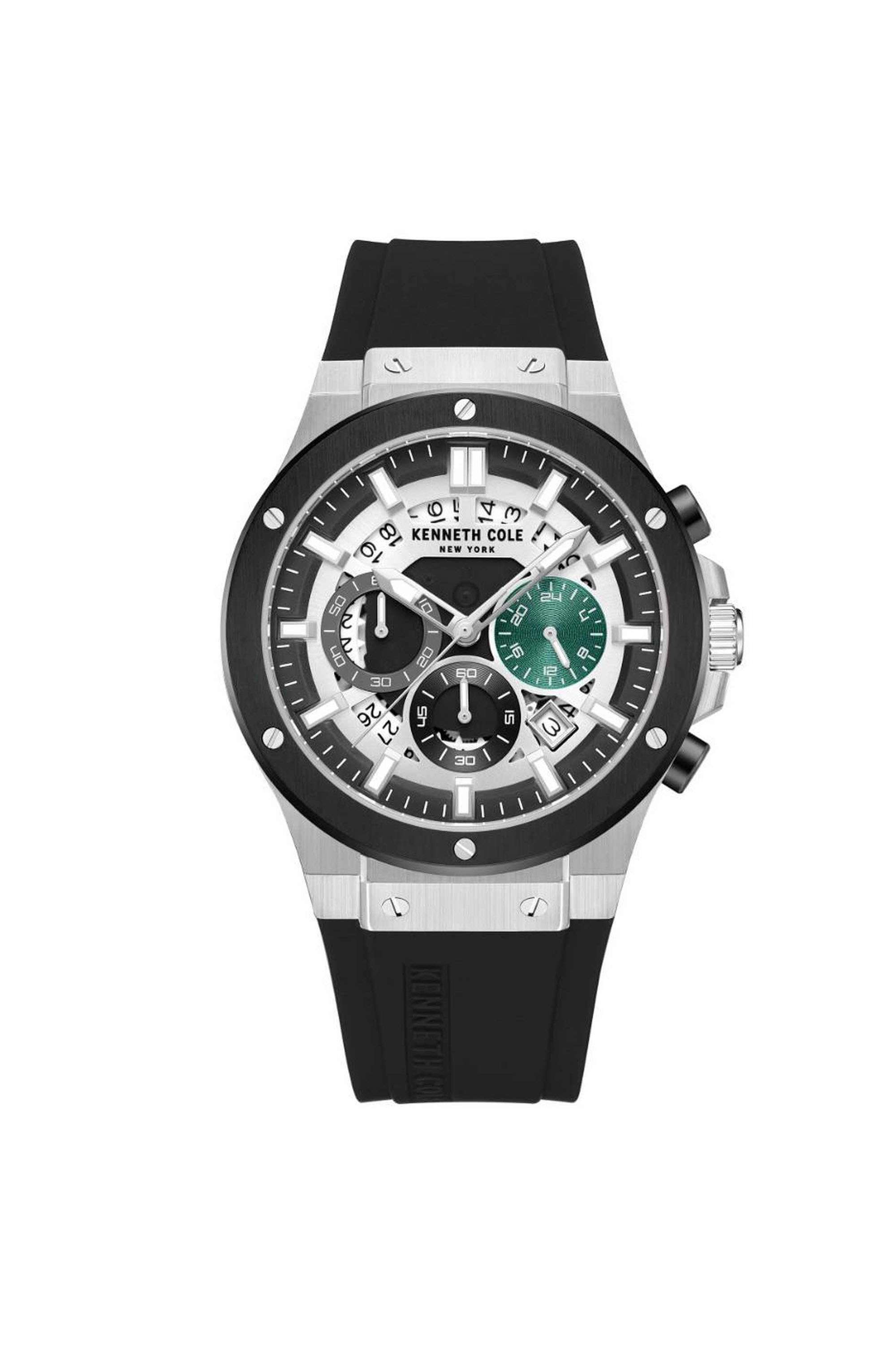 New-York-44-mm-Quartz-Chronograph-Watch-for-Men---Black-Dial-with-Black-Silicone-Strap-(KCWGO0035501MN)