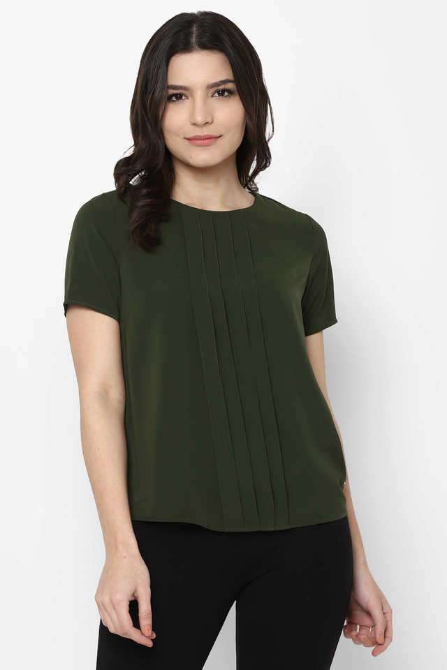 Solid-Polyester-Round-Neck-Women-Top