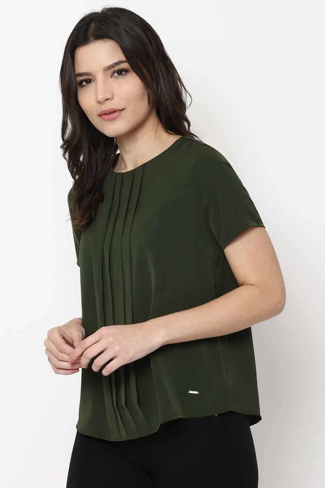 Solid-Polyester-Round-Neck-Women-Top