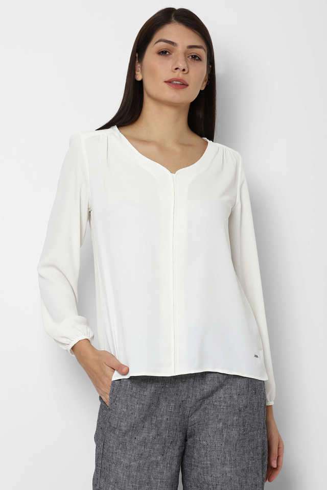 Solid-Blended-Fabric-Round-Neck-Women-Top