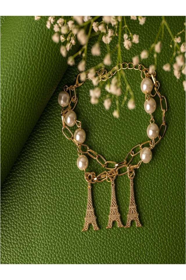 White-Pearl-Gold-Plated-Alloy-Eiffel-Tower-Shape-Bracelet