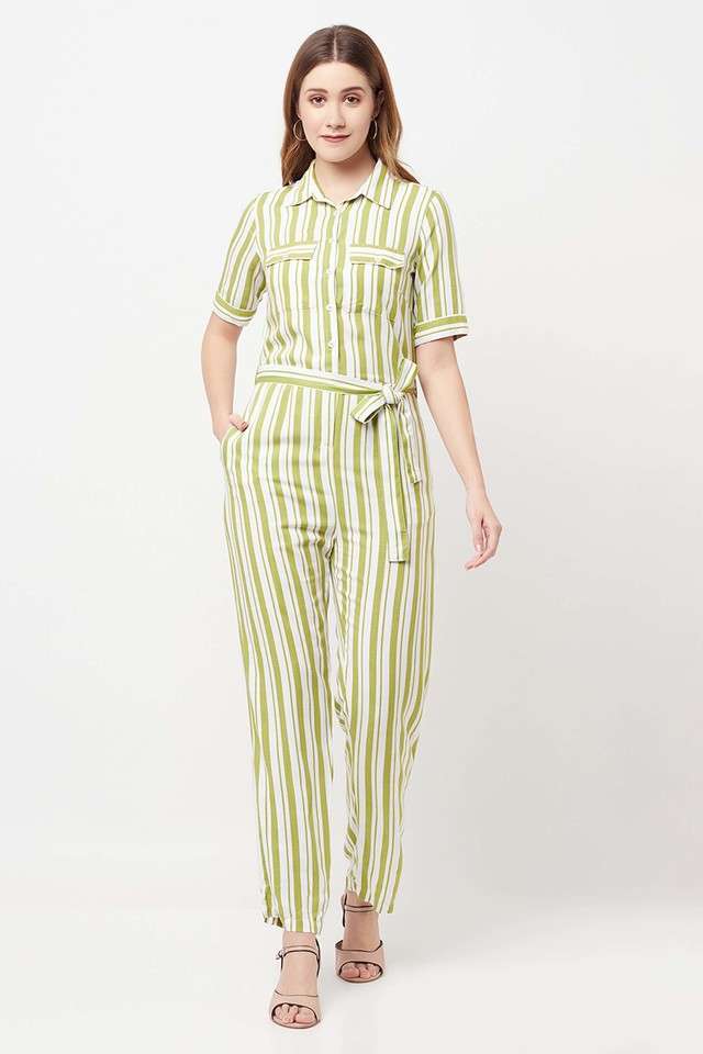 Stripes Half Sleeves Lyocell Women's Jumpsuit-image-7